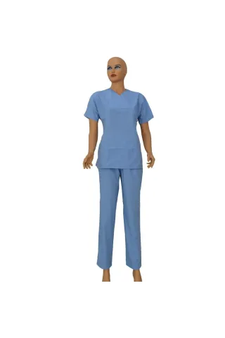Doktor Terikoton Likralı Kadın Cerrahi Yaka Açık Mavi Takım