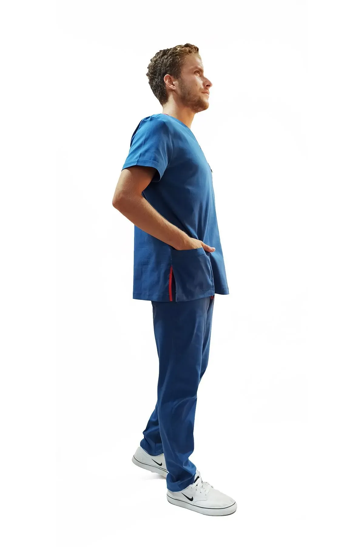 Doktor Terikoton Likralı Erkek Petrol Mavi  Cerrahi Yaka Takım