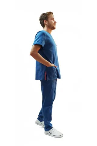 Doktor Terikoton Likralı Erkek Petrol Mavi  Cerrahi Yaka Takım