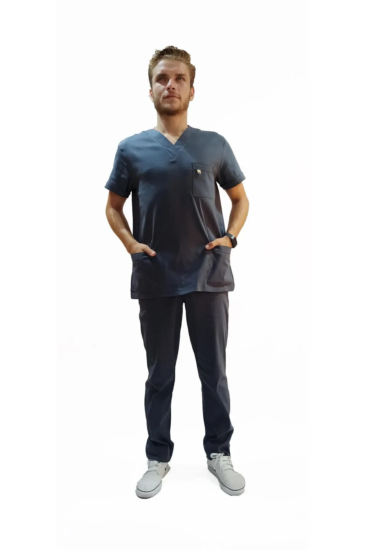 Doktor Terikoton Likralı Erkek Antrasit - Füme  Cerrahi Yaka Takım