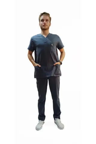 Doktor Terikoton Likralı Erkek Antrasit - Füme  Cerrahi Yaka Takım