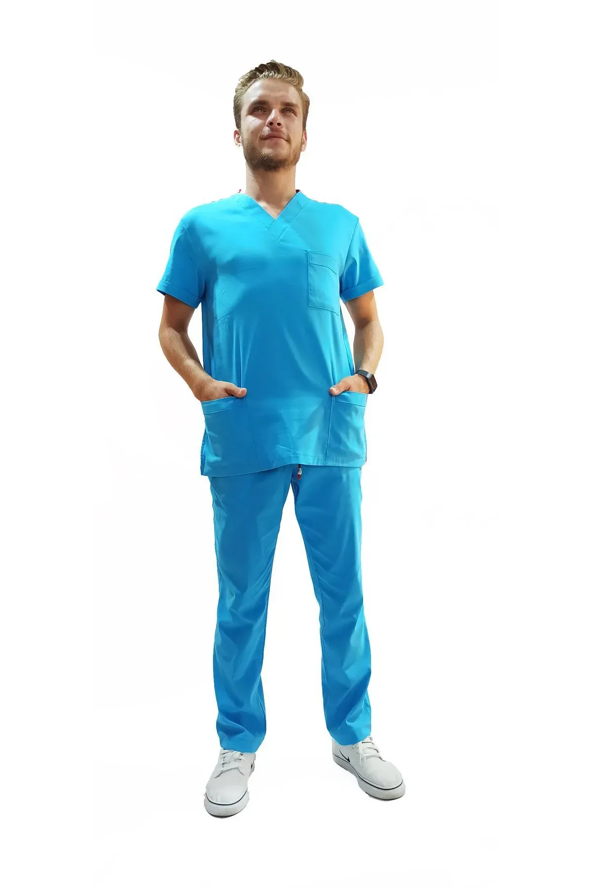 Doktor Terikoton Likralı Erkek  Turkuaz Mavi Cerrahi Yaka Takım