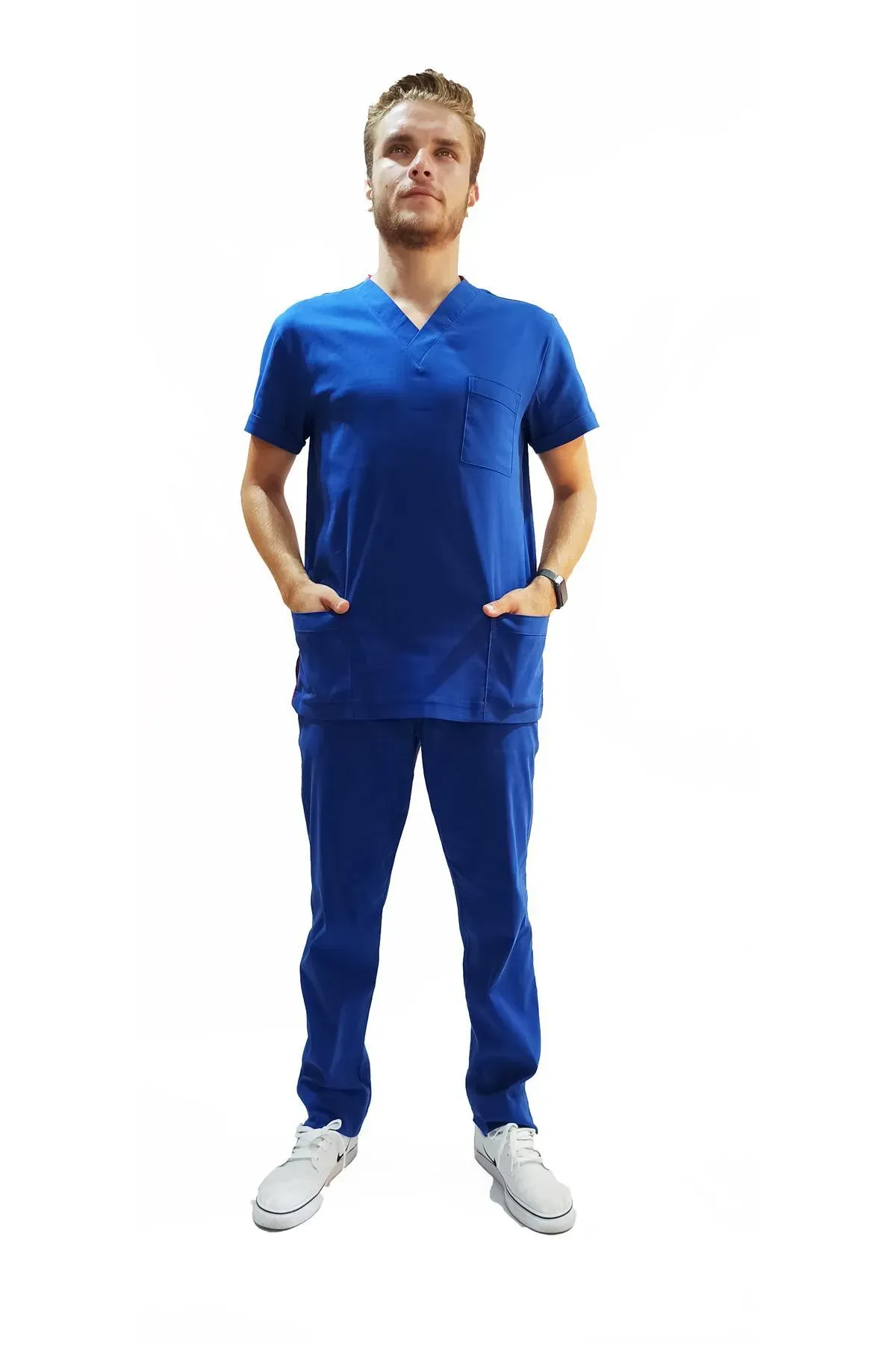 Doktor Terikoton Likralı Erkek Saxs Mavi Cerrahi Yaka Takım