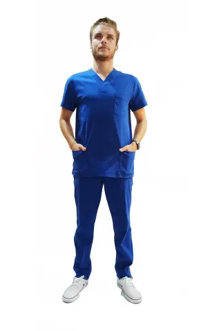 Doktor Terikoton Likralı Erkek Saxs Mavi Cerrahi Yaka Takım