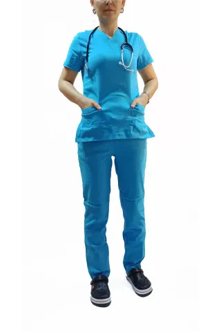 Doktor Terikoton Likralı Turkuaz Mavi Kadın Cerrahi Yaka Takım