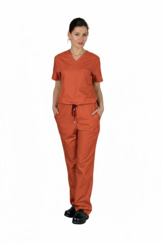 Likralı Terikoton V-Yaka Takım Kiremit  Doktor,Hemşire,Estetisyen,Güzellik,Eczacı,Labaratuvar